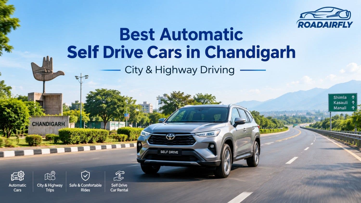 Silver SUV on a highway near Chandigarh under the guide title "Best Automatic Self Drive Cars"