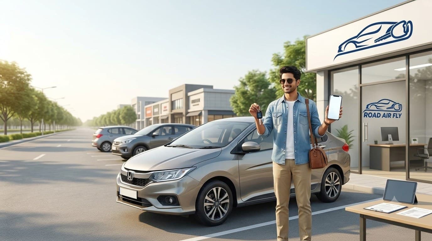 Customer holding the car keys beside a silver Honda City outside a car rental office