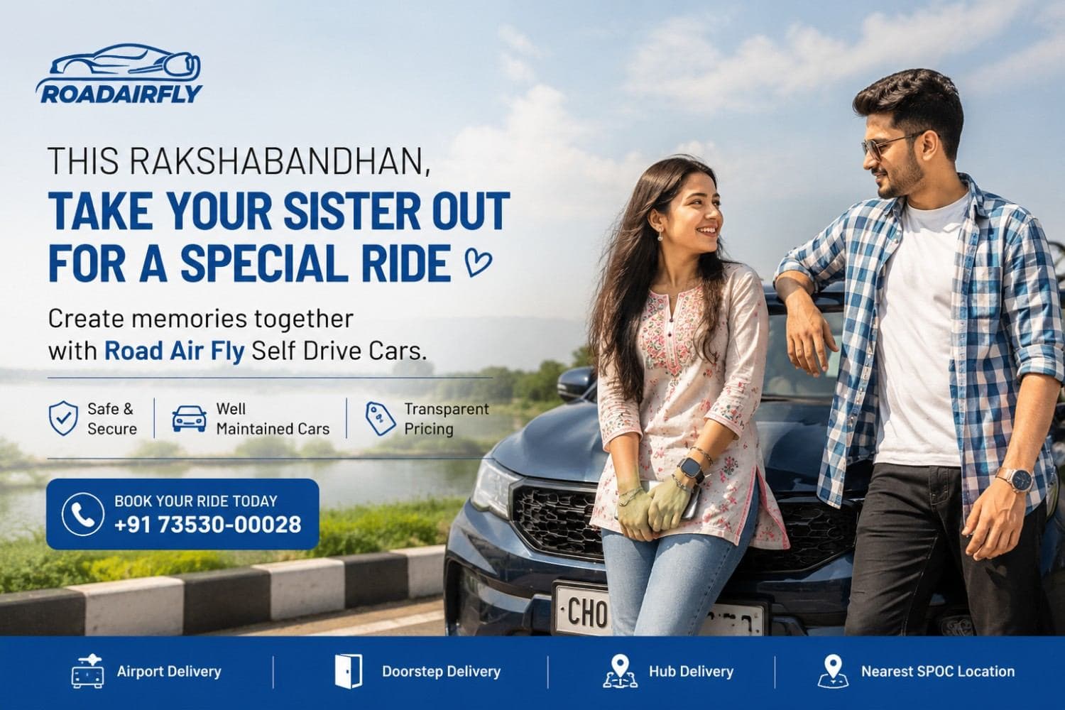 Brother and sister leaning on a car, Rakshabandhan ride poster