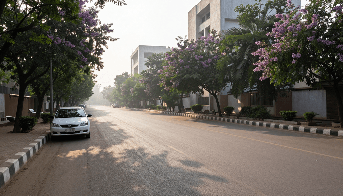 An empty tree lined avenue in Chandigarh at sunrise with a white sedan parked at the kerb, the best time to start the drive to Shimla