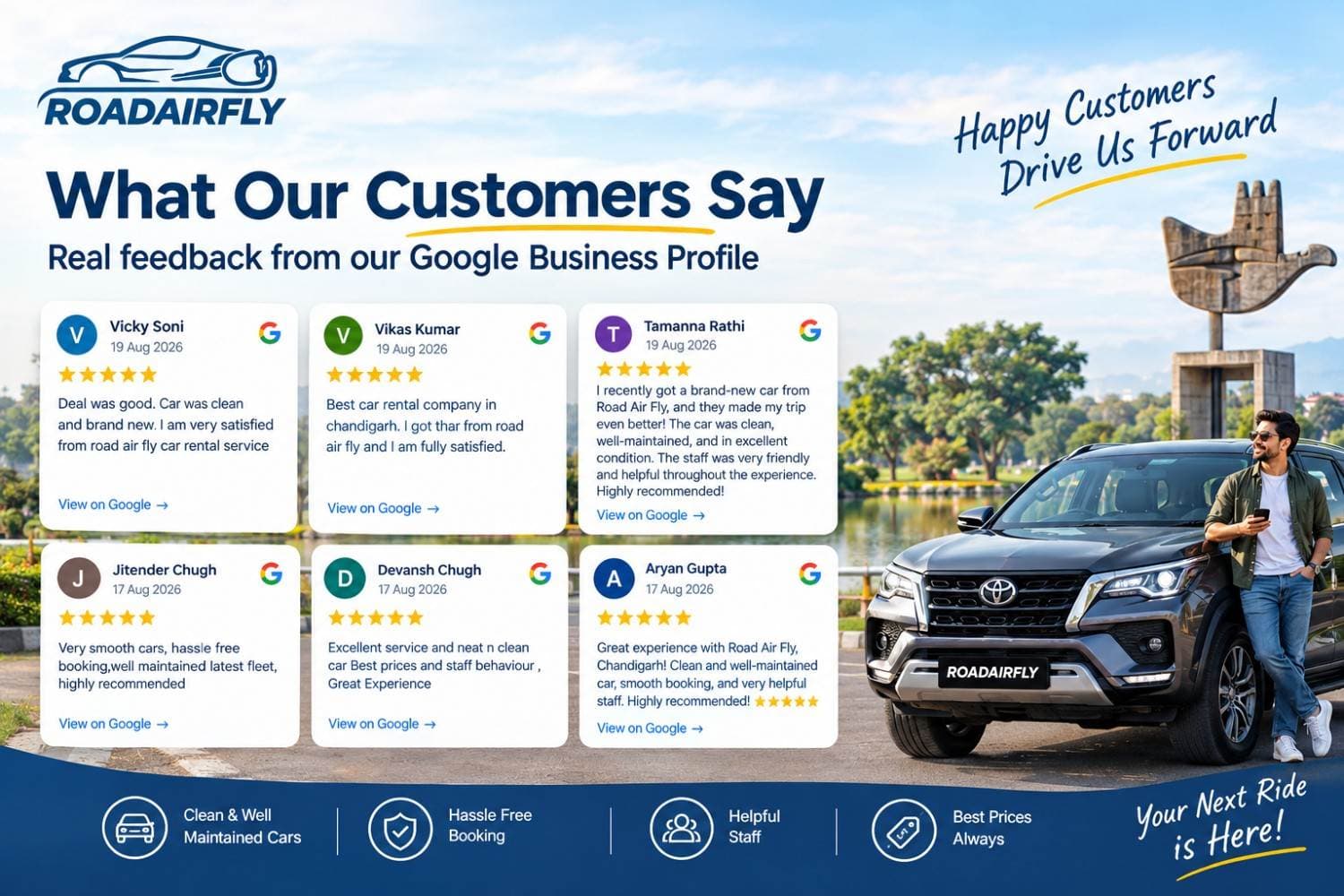 Google reviews from Road Air Fly customers beside a Toyota Fortuner