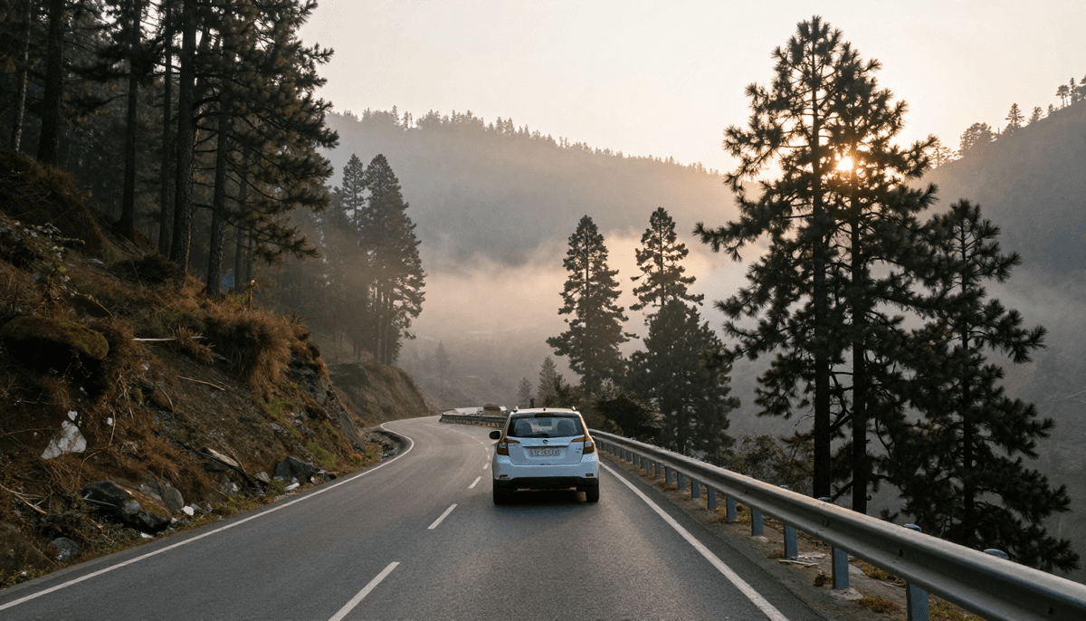 A white compact SUV driving on a winding mountain highway below Shimla at sunrise, with mist filling the valley and pine forest on both sides