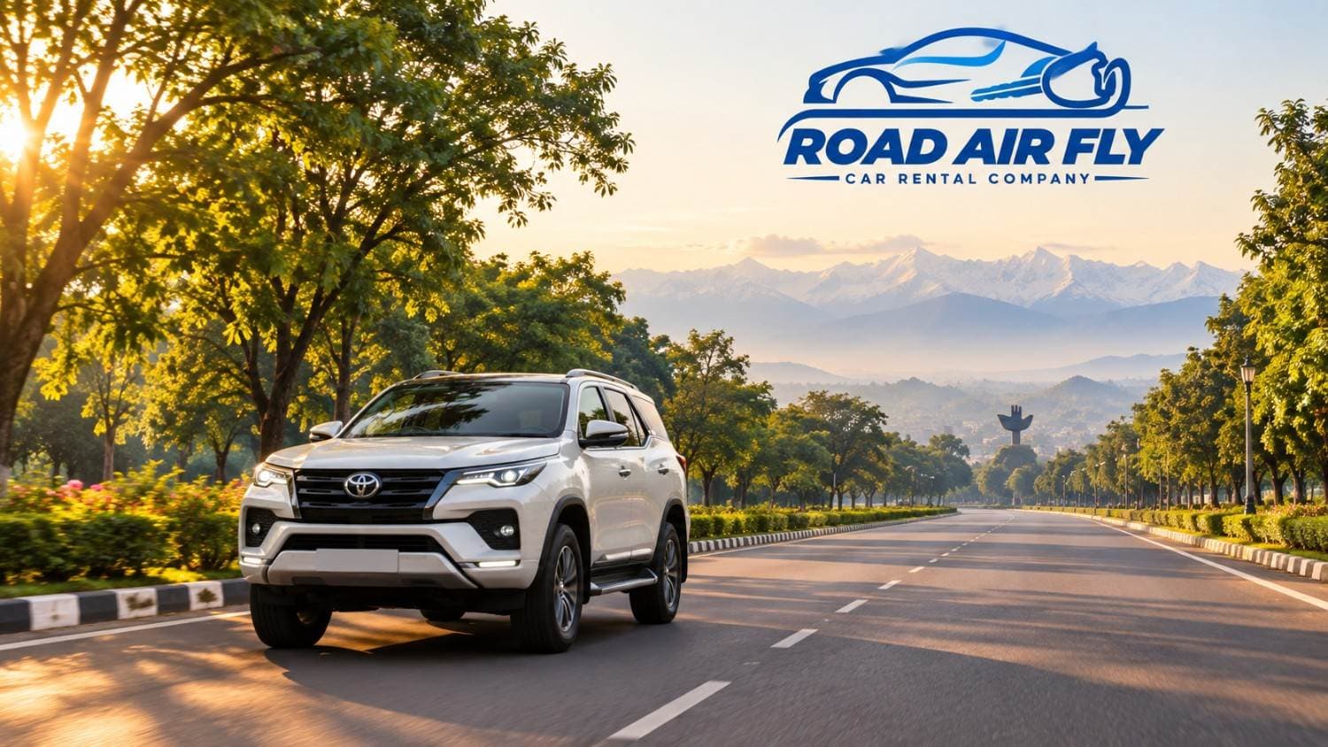 White Toyota Fortuner on an open road at sunrise, with hills in the distance