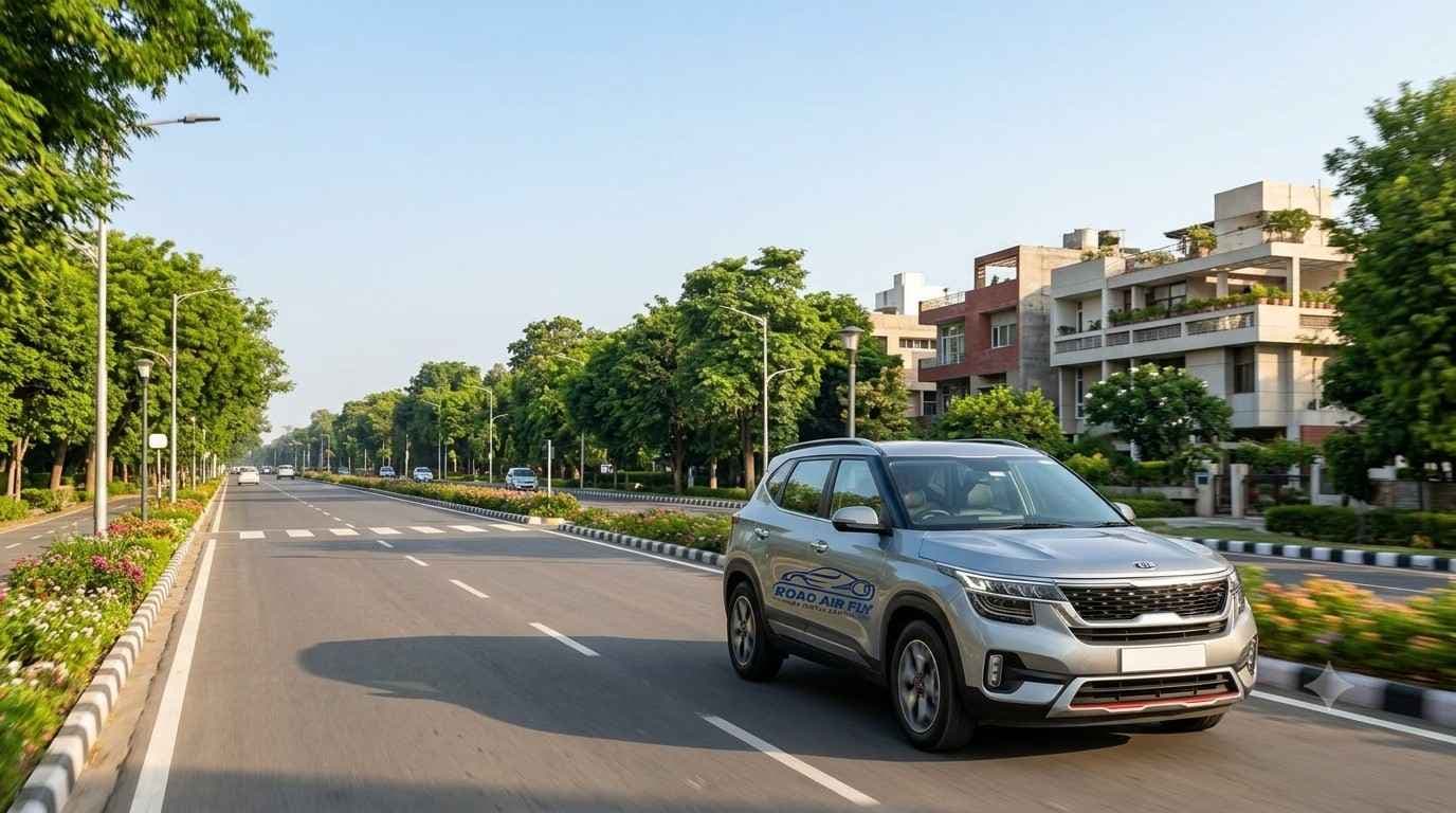 Silver SUV driving down a wide tree-lined avenue in Chandigarh