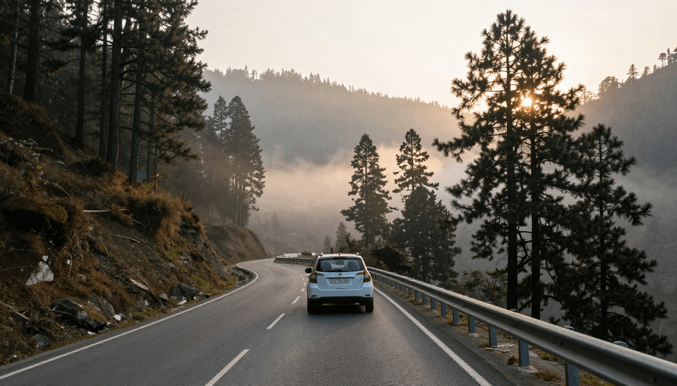 A white compact SUV driving on a winding mountain highway below Shimla at sunrise, with mist filling the valley and pine forest on both sides
