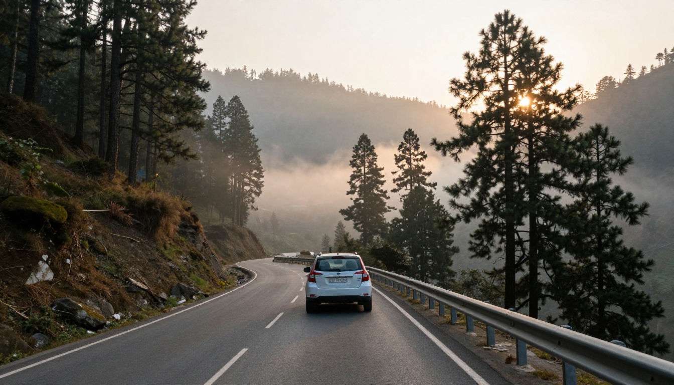 A white compact SUV driving on a winding mountain highway below Shimla at sunrise, with mist filling the valley and pine forest on both sides